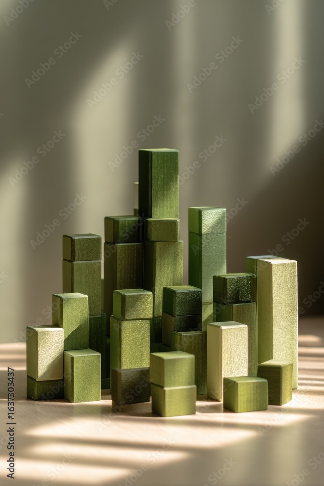 Aufkleber a collection of green rectangular blocks arranged in varying heights under soft lighting conditions 
