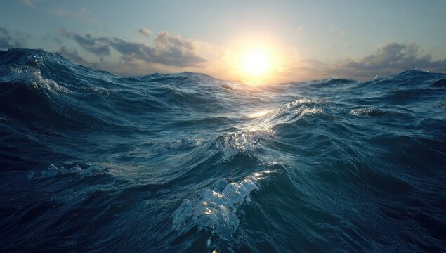 Vast ocean waves at sunset
