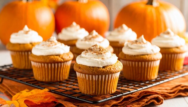 Indulge in delightful homemade pumpkin spice cupcakes topped with creamy frosting and a dusting of cinnamon, perfectly capturing the cozy essence of autumn celebrations and seasonal baking.