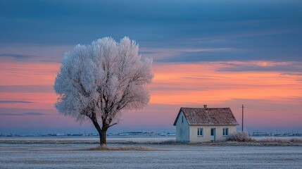 Frosted tree, sunrise, small house, winter landscape