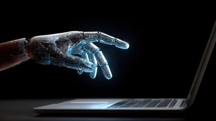 Robotic hand reaching for a laptop on a dark surface, technology
