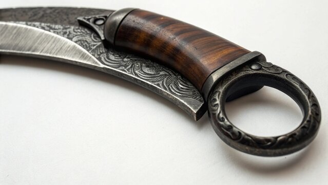 Close Up of Traditional Indonesian Karambit Knife with Curved Blade and Wooden Handle