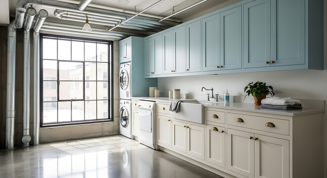 Stylish Laundry Room with Light Blue Upper Cabinets and Cream Lower Cabinets featuring a Farmhouse Sink and Stacked WasherDryer.