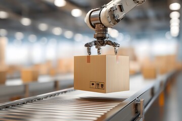 A Robotic Arm In A Factory Warehouse Is Placing A Cardboard Box On A Conveyor Belt
