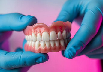 Close up of complete dentures held in hands with medical gloves for dental treatment