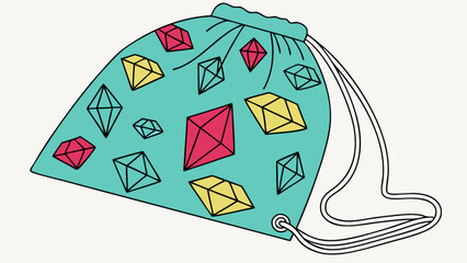 Teal drawstring bag with geometric diamond pattern for jewelry storage and gift packaging illustration