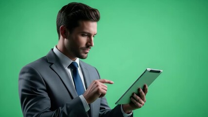 Businessman using tablet isolated on green - Powered by Adobe