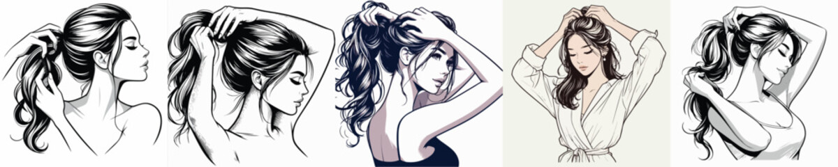 vector image of a woman tying her hair on a white background