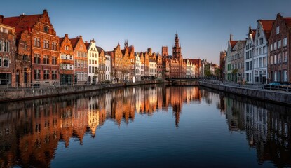 Obraz premium Canal city at dawn, colorful buildings reflected