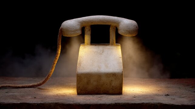 A vintage rotary telephone with a thick coiled cord sits on a concrete surface with mist