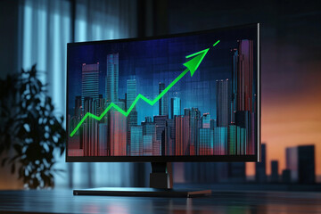 Dark-themed monitor shows green arrow shooting above profits