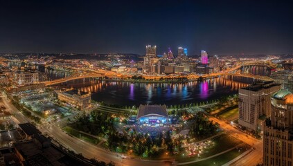 Fototapeta premium City skyline at night, with river and park