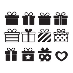 A set of 12 black and white gift box icons white background. 