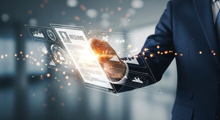 Businessman hand placing glowing digital resume card onto holographic interface in corporate background, futuristic recruitment concept photography for hiring visuals