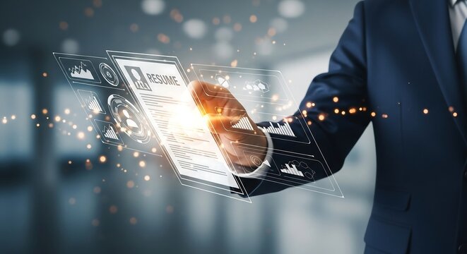 Businessman hand placing glowing digital resume card onto holographic interface in corporate background, futuristic recruitment concept photography for hiring visuals