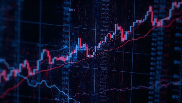 Financial Data Visualization: Dynamic lines trace fluctuating financial data, symbolizing the intricate dance of market trends against a sleek, dark backdrop.