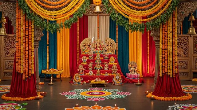 Ornate Hindu altar decorated for a festival like Diwali or Navaratri. Traditional Indian shrine with Golu dolls, marigold garlands, rangoli, and diyas.