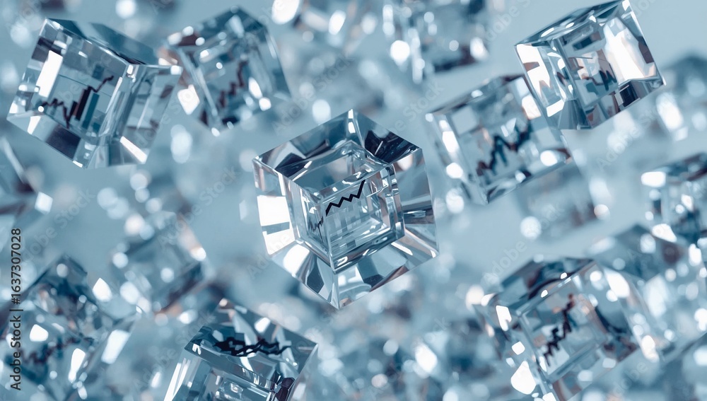 Poster Crystals and Data: An abstract composition of meticulously arranged crystals and overlaid data graphs that visually represent concepts of analysis and information.