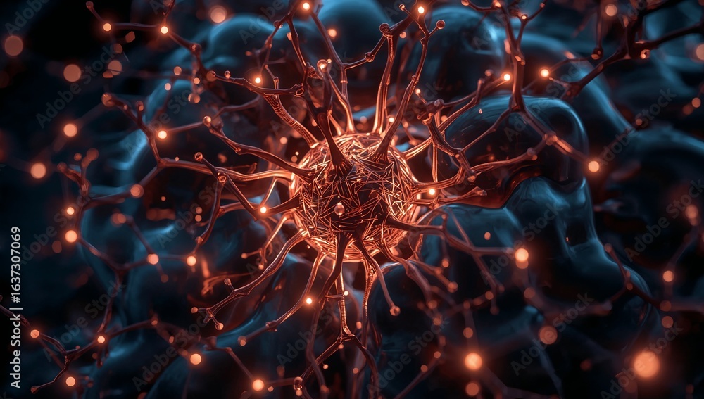 Poster illuminated neuron network: a captivating macro view showcases an intricately detailed neuron networ