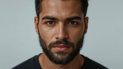 Obraz premium Gazing Intently: A headshot of a handsome man with deep brown eyes, the photograph emphasizes the depth of thought and emotion, capturing the strength of a stare.