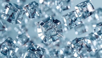 Crystals and Data: An abstract composition of meticulously arranged crystals and overlaid data graphs that visually represent concepts of analysis and information.