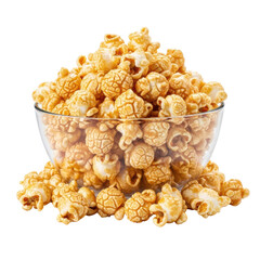 Golden caramel popcorn overflowing from a clear glass bowl, a perfect sweet treat for movie nights, events, and family gatherings.
