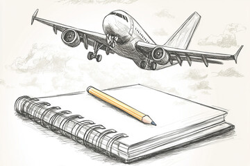 Cozy vector sketch of notebook, pencil, and airplane in flight