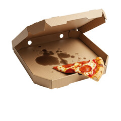 One delicious pepperoni pizza slice remains in an open, grease stained cardboard box, perfect for food imagery or takeaway concepts.