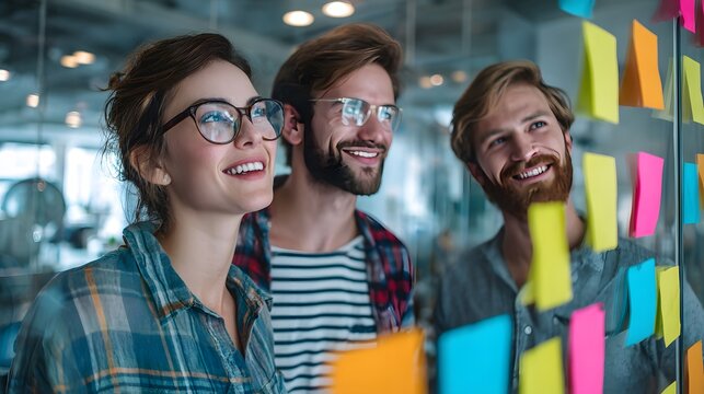 small business team working on marketing strategy with sticky notes on glass wall