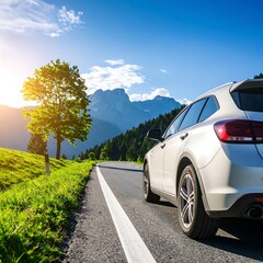 Naklejka premium A white SUV drives along a mountain road, bathed in sunlight