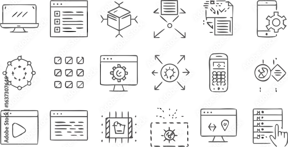 Aufkleber illustration showing a collection of various user interface and software development related icons i