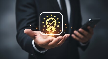 Businessman presenting quality assurance with a digital badge on smartphone for business success