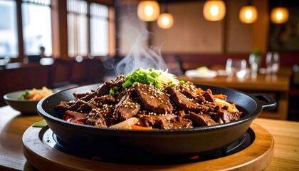 Steaming sizzling Asian beef stir-fry served in a black skillet with fresh vegetables garnished with sesame seeds in a cozy restaurant setting