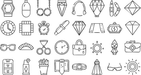 Illustration of various objects including jewelry, accessories, and everyday items in a sketch style silhouette