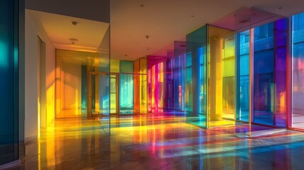 A hallway with translucent colored glass panels casting vibrant light and shadows on the floor and walls