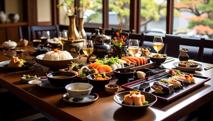 Elegant Japanese Dining Setting Featu Assorted Sushi Sashimi and Traditional Cuisine on a Spacious Table with Natural Light