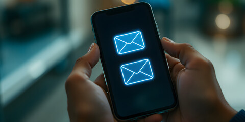 Hands holding smartphone with holographic email inbox above the device