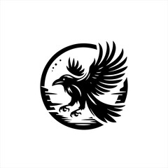 Obraz premium Black raven in flight within a circular frame with abstract landscape elements