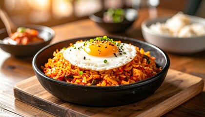 Delicious spicy fried rice served with a sunny side up egg garnished with chopped green onions on a black plate with side dishes in the background