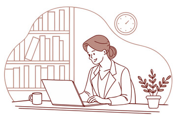 businesswoman with laptop on desk, coffee cup, bookshelf in background, potted plants, warm pastel color palette, clean vector line art, soft shadows.