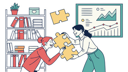 group of office workers connecting puzzle pieces together, cheerful expressions, vector flat art, colorful but professional, background with office shelves and charts.
