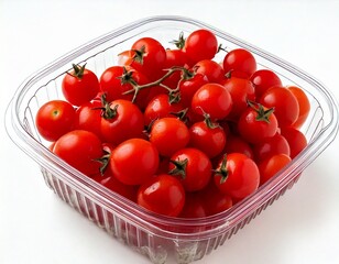  Cherry tomatoes in a plastic container. Fresh cherry tomatoes in box on white background.