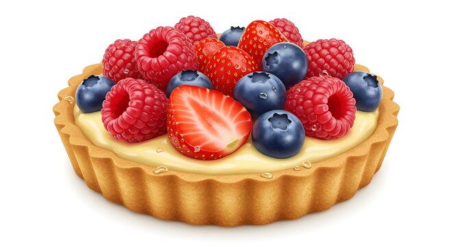 Vibrant Mixed Berry Fruit Tart with Creamy Filling, Isolated on White Background. Delicious Dessert Pastry Topped with Fresh Strawberries, Blueberr...