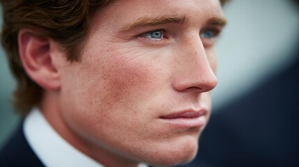 Close up profile of a young man with fair skin blue eyes and light brown hair