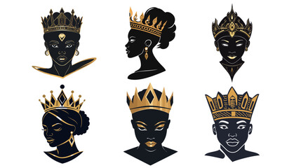 Elegant black and gold logo design featuring an African queen wearing ornate jewelry, highlighting regal beauty, cultural heritage, luxury branding, and sophisticated minimalist aesthetics for premium