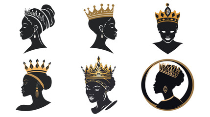 Elegant black and gold logo design featuring an African queen wearing ornate jewelry, highlighting regal beauty, cultural heritage, luxury branding, and sophisticated minimalist aesthetics for premium