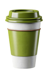 white paper coffee cup with olive green lid. takeaway disposable cup, biodegradable. isolated on transparent background with clipping path.