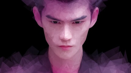 Low poly portrait of a young man with purple hues and a dark background