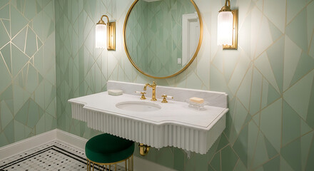 Chic Art Deco bathroom with a fluted marble sink gold fixtures and geometric green wallpaper.
