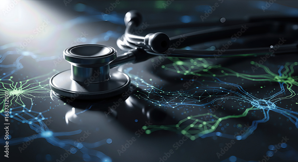 Aufkleber a stethoscope on a dark background with vibrant digital patterns, symbolizing the intersection of he